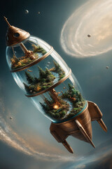 Steampunk-inspired glass rocket.