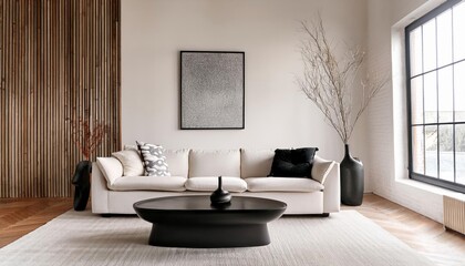 Modern rustic living room with white walls, wooden beams, and a cream L-shaped sofa. Features black accents, abstract wall art, and dried plants. The space exudes a calm, minimalist aesthetic