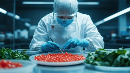 Scientist in white uniform and gloves conducting research and experiments with flavor compounds in a high tech futuristic food science laboratory setting