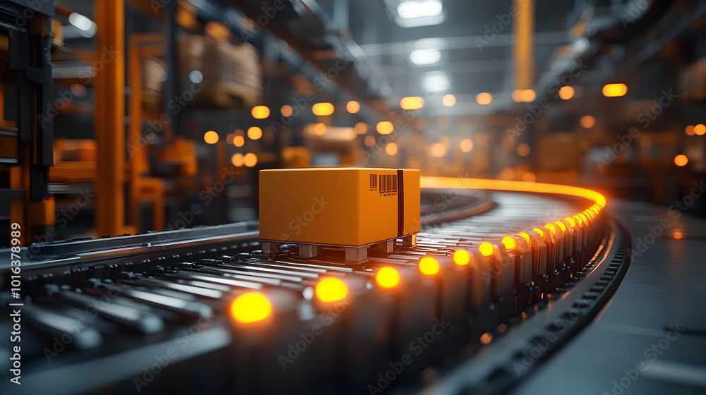 Poster Efficient Warehouse with Automated Conveyor System Transporting Cargo Boxes for Seamless Logistics and Distribution of Products and Goods