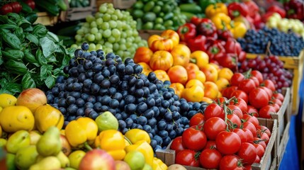 Farmers markets overflowing with fresh fruits and vegetables, colorful and abundant, Urban, Bright hues, Photograph, Fresh produce