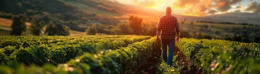 Fototapeta premium Farmers tending to their crops in idyllic rural landscapes, green and productive, Nature, Soft greens, Photograph, Rural labor