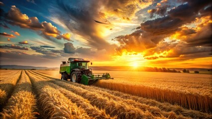 Naklejka premium Tractor Harvesting Wheat at Sunset - Golden Fields Under Cloudy Sky