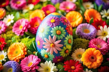 Fototapeta premium Painting of a colorful easter egg surrounded by flowers