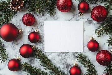 A blank white card on a table with pine tree branches and red Christmas ornaments