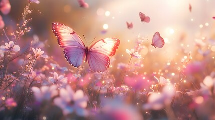 A vibrant wildflower meadow teems with colorful butterflies and soft sunlight, showcasing macro details of iridescent wings and delicate petals in a dreamy summer garden scene.
