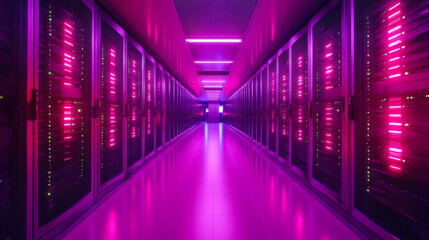 Fototapeta premium A vibrant data center with rows of servers glowing in blue and purple light, showcasing advanced technology and modern infrastructure