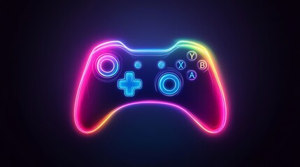 A glowing video game controller with blue and pink lights on a dark background.