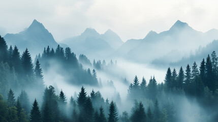 Obraz premium Pine Forest and Mountain Peaks with Rolling Fog Creating a Dramatic Scene