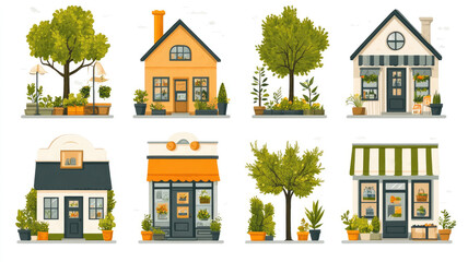 Fototapeta premium A collection of creatively designed houses with vibrant gardens, featuring different architectural styles and abundant plants in pots