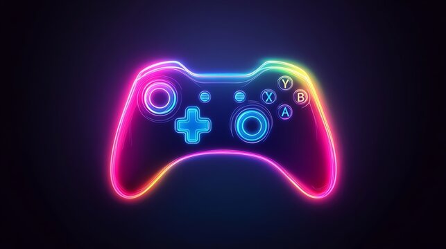A glowing video game controller with blue and pink lights on a dark background. - Powered by Adobe