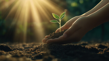 Fototapeta premium Hands gently planting a young seedling in rich soil with sunlight creating a warm glow in a serene garden setting