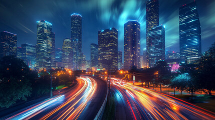 Obraz premium Nighttime Cityscape with Brightly Lit Buildings and Highways Full of Traffic Light Trails