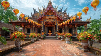 Obraz premium Colorful Temple Surrounded by Lanterns and Flowers