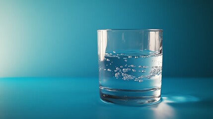 A glass of sparkling water on a blue background.