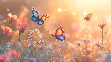 A vibrant wildflower meadow teems with colorful butterflies and soft sunlight, showcasing macro details of iridescent wings and delicate petals in a dreamy summer garden scene.