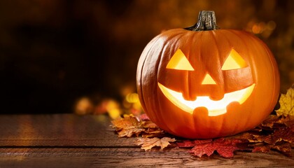 jack o lantern on red leafs with space to the left for content