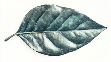 Deep green laurel leaf with shiny texture, isolated on a white background, botanical simplicity