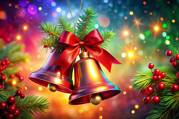 Festive red bells adorned with vibrant bow and greenery create joyful holiday atmosphere, surrounded by colorful lights and sparkling decorations