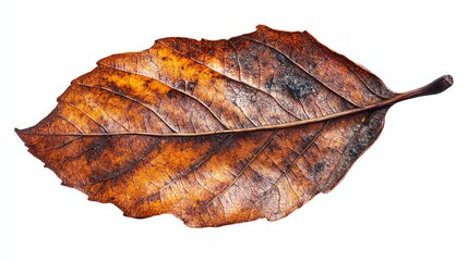 Single brown autumn leaf, curled edges, detailed texture, isolated on a white background, natural decay concept