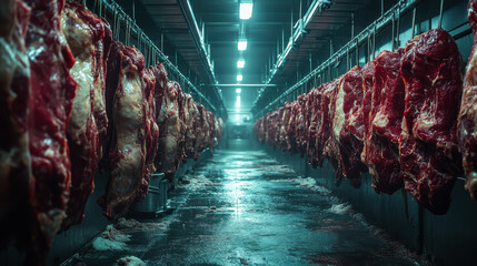 View of a meat processing facility showing hanging beef carcasses in a dimly lit corridor during evening hours