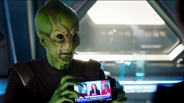 An alien holds a smartphone in his hands and watches the news