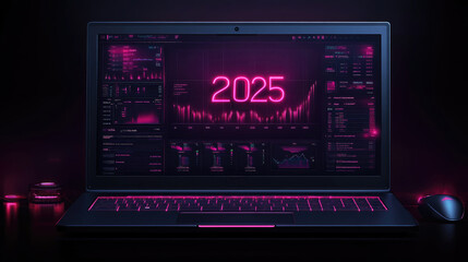 Obraz premium A laptop screen presents vibrant data visualizations and trends for 2025, highlighted with neon graphics in a dark setting