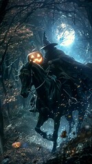 Fototapeta premium A dark fantasy drawing of the Headless Horseman riding his black warhorse...