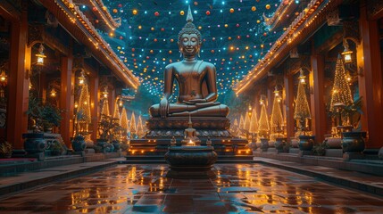 Obraz premium Serene Buddha Statue in Illuminated Temple Setting
