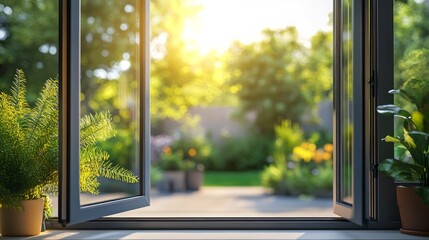 Open window with a view of a lush garden and sunlight streaming through.