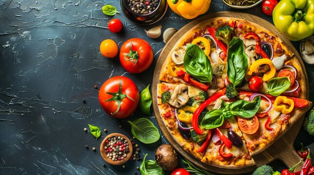 Vegetarian pizza with colorful vegetables, showcasing healthy and delicious options