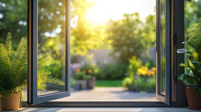 Fototapeta Open window with a view of a lush garden and sunlight streaming through.