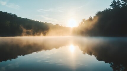 Fototapeta premium A foggy sunrise over a still lake with trees in the distance.