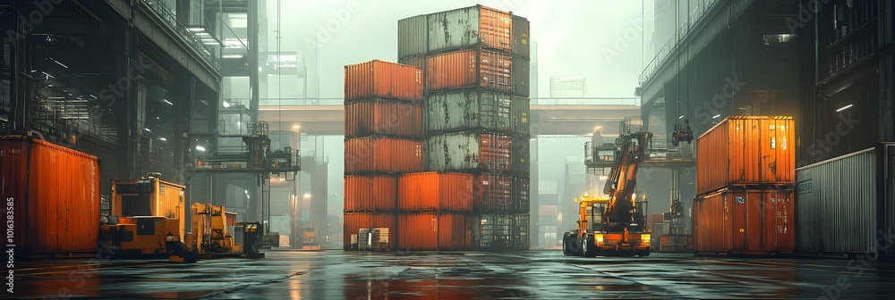 Poster Futuristic industrial warehouse with rows of stacked shipping containers and cargo handling machinery like cranes and forklifts operating in a high-tech,automated environment.