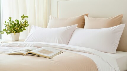 A cozy bedroom featuring soft linens, pillows, and a plant, creating a relaxing and inviting atmosphere.