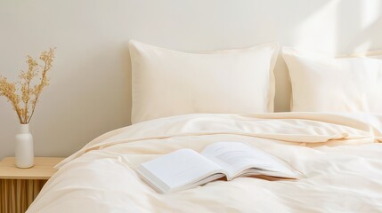 A serene bedroom scene featuring a cozy bed with soft bedding, a book open on the blanket, and a decorative vase with dried flowers.