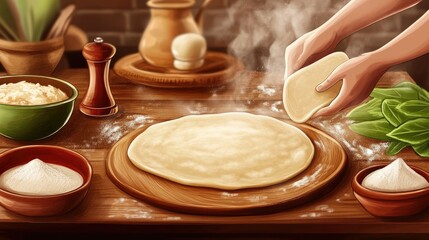 Fototapeta premium Cartoon rendering of Indian food preparation with chapati dough being rolled, copy space available