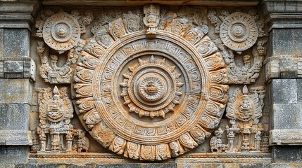 Obraz premium Intricate stone carving of a wheel with a central sun-like figure, surrounded by detailed carvings.
