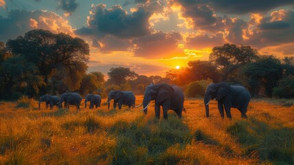 Fototapeta premium Elephants in Golden Savanna at Sunset