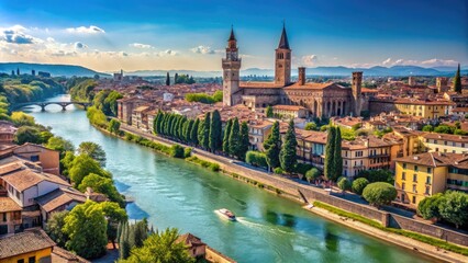 Verona Panoramic View from Bridge on a Summer Sunny Day - Scenic Cityscape Photography