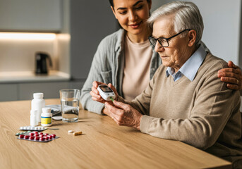 Senior woman checking blood sugar with caregiver at home