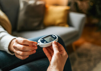 Close-up of person checking blood sugar level with glucometer at home - Powered by Adobe