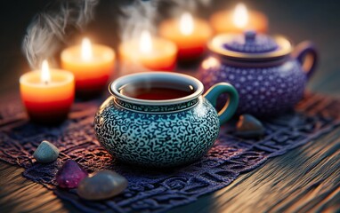 Fototapeta premium Elegant tea set with steaming cup, surrounded by glowing candles and vibrant gemstones, creating a serene atmosphere.