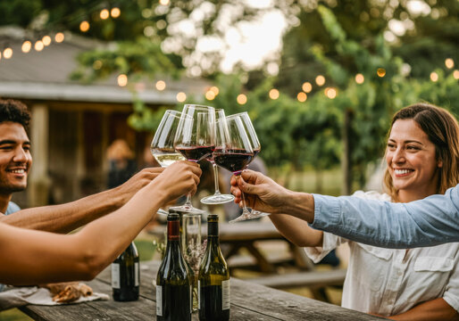 Friends toasting with wine outdoors at relaxed evening gathering