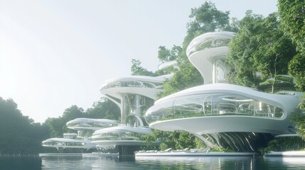 Serene Futuristic Architectural Wonders: Waterfront Community of Transparent Eco-Homes Blending with Nature