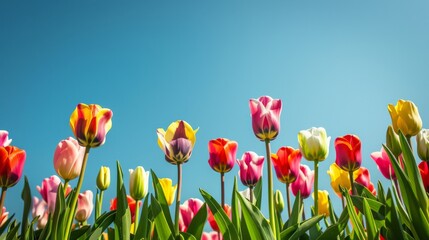 Vibrant field of tulips in full bloom under a clear blue sky, showcasing the beauty of spring