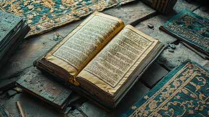 Obraz premium Cartoon-style ancient South Asian religious texts laid out on a rustic floor, intricate patterns around, blank copy space