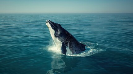 Naklejka premium Majestic Whale Breaching in Calm Ocean Waters