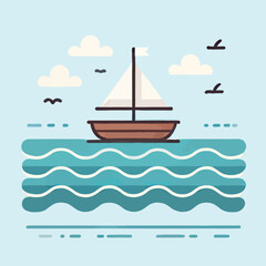 Fototapeta premium illustration of a small boat sailing on calm river waves