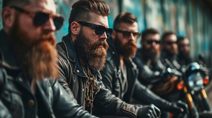Fototapeta premium Company of bearded bikers in leather clothes outdoors. Neural network ai generated art